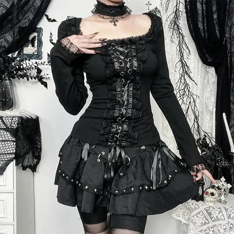 Harajuku Vintage T-Shirt Y2K Aesthetic Punk Lace Ruffle Long