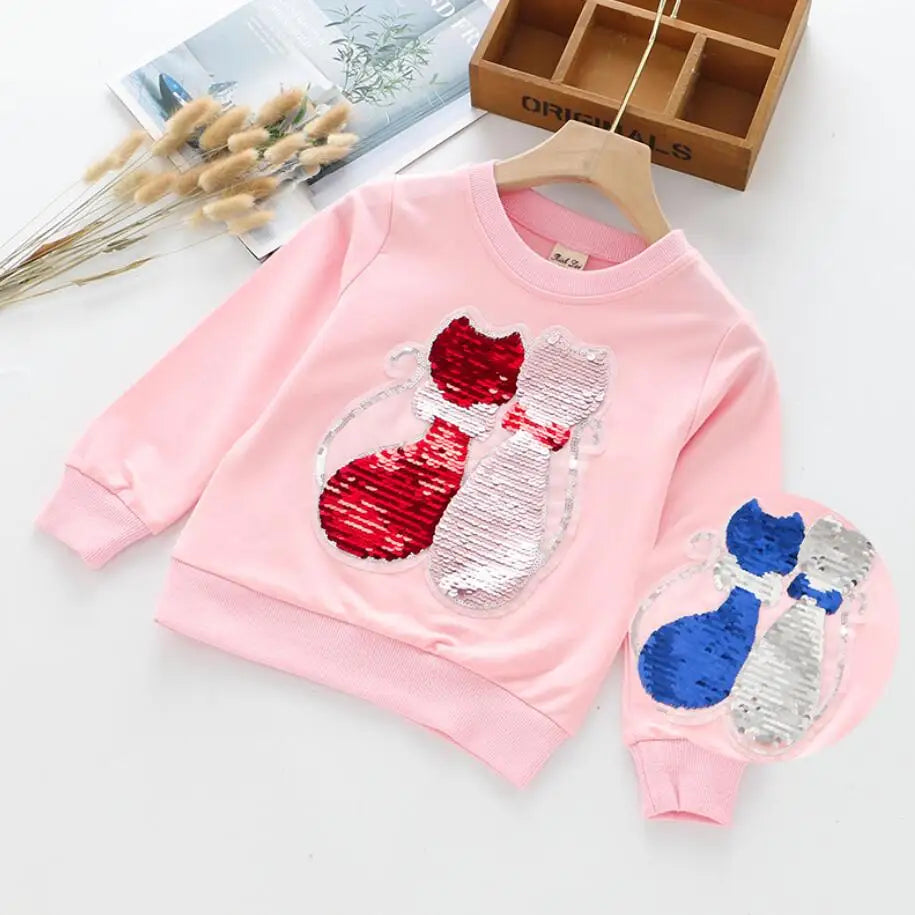 Cute Cat Baby Girls Hoody Sweatshirt Toddler Kids Cotton Sequins Cartoon Sweater Children Spring Autumn Clothes Tops