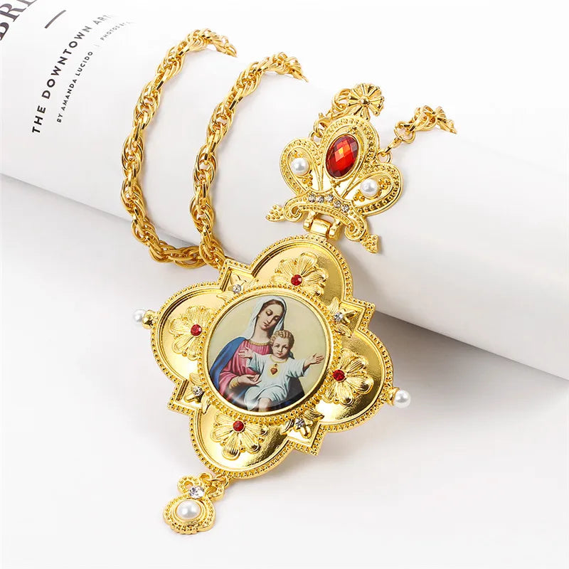 Orthodox Church Jewelry Cross Necklace Jesus Virgin Mary Long Chain High Quality Religious Necklace Christian Gift for Priest