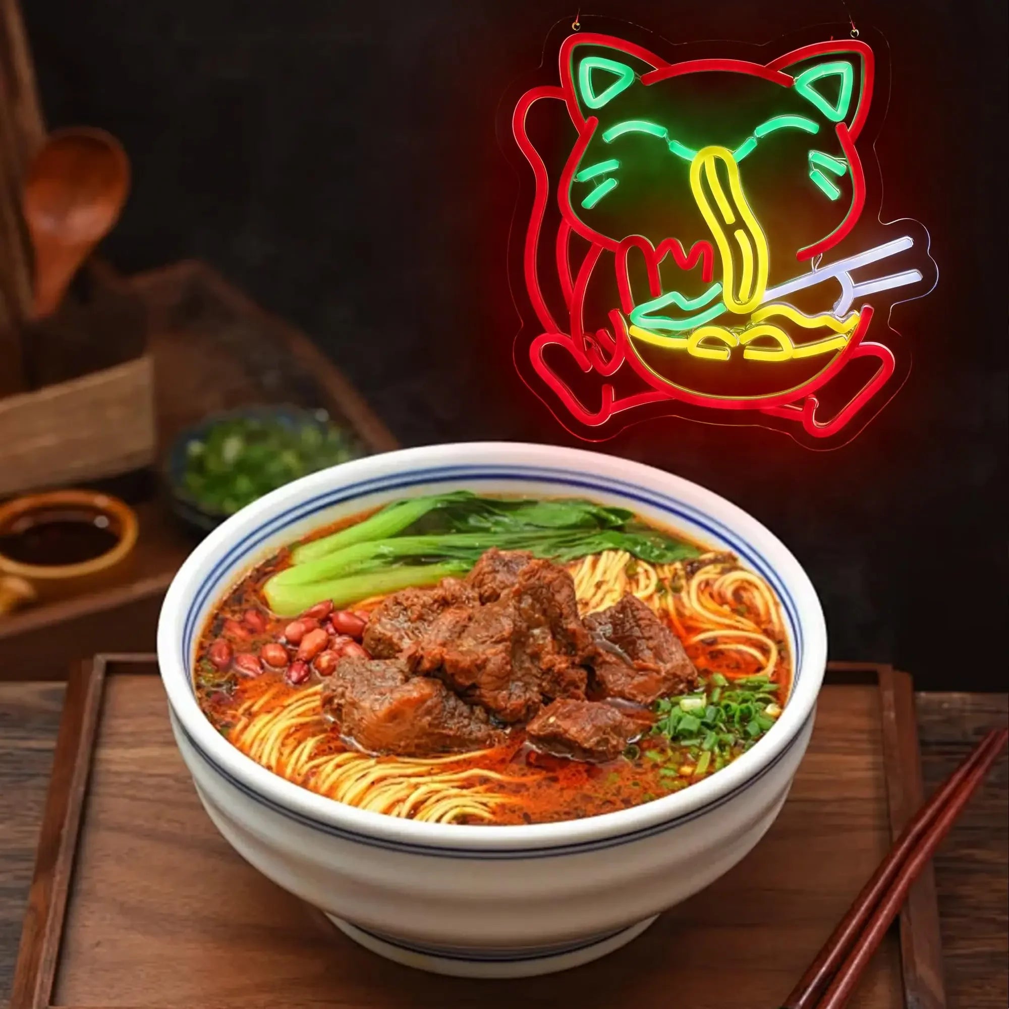 Ramen Cat Neon Sign, Bright LED for Restaurant and Cafe Decor, Japanese Kitchen Wall Art, Cat Lover Gift, Party Decoration