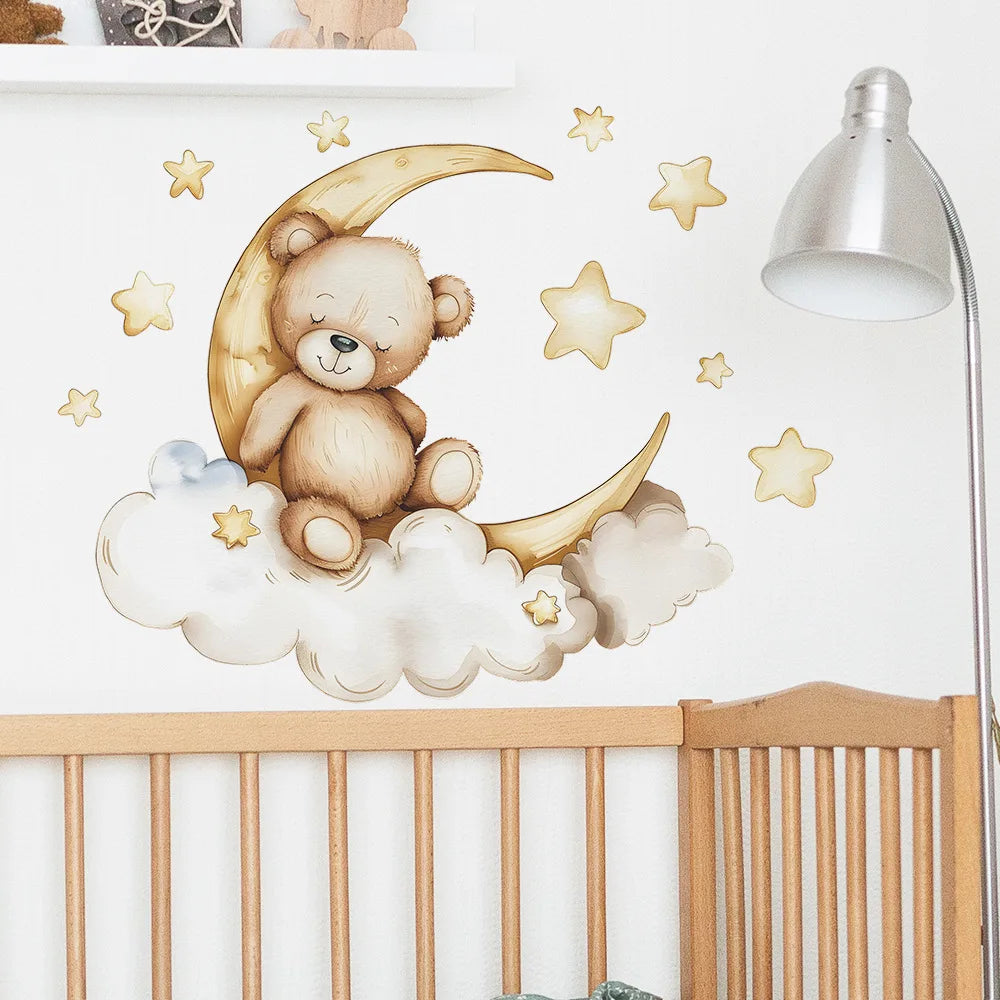 Cute Bear Moon Star Wall Stickers for Kids Rooms Girls Boys Baby Room Decoration Kawaii Cartoon Animal Nursery Wallpaper Vinyl