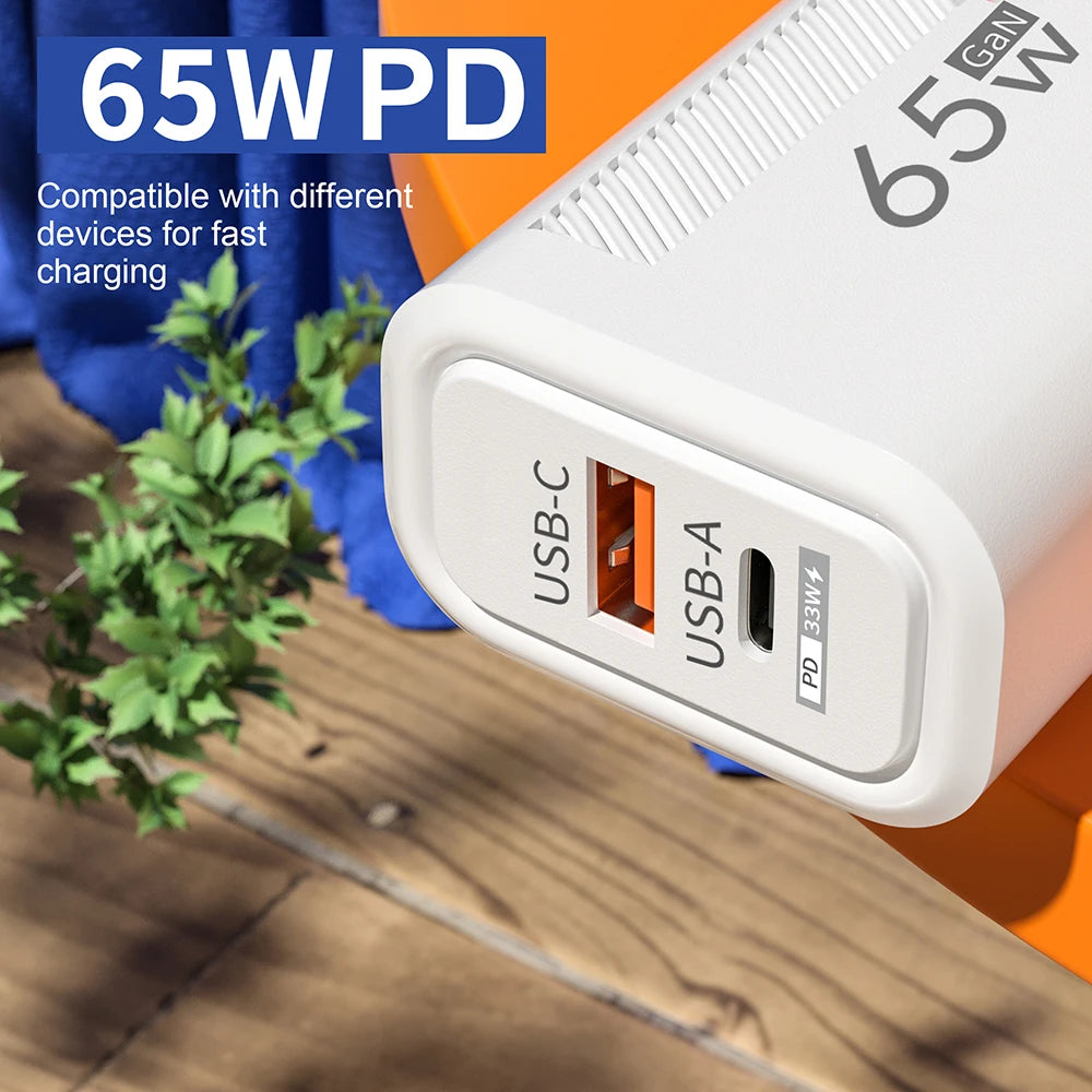 65W GaN Fast Charging USB Type C Charger US EU Plug PD 3.0 Quick