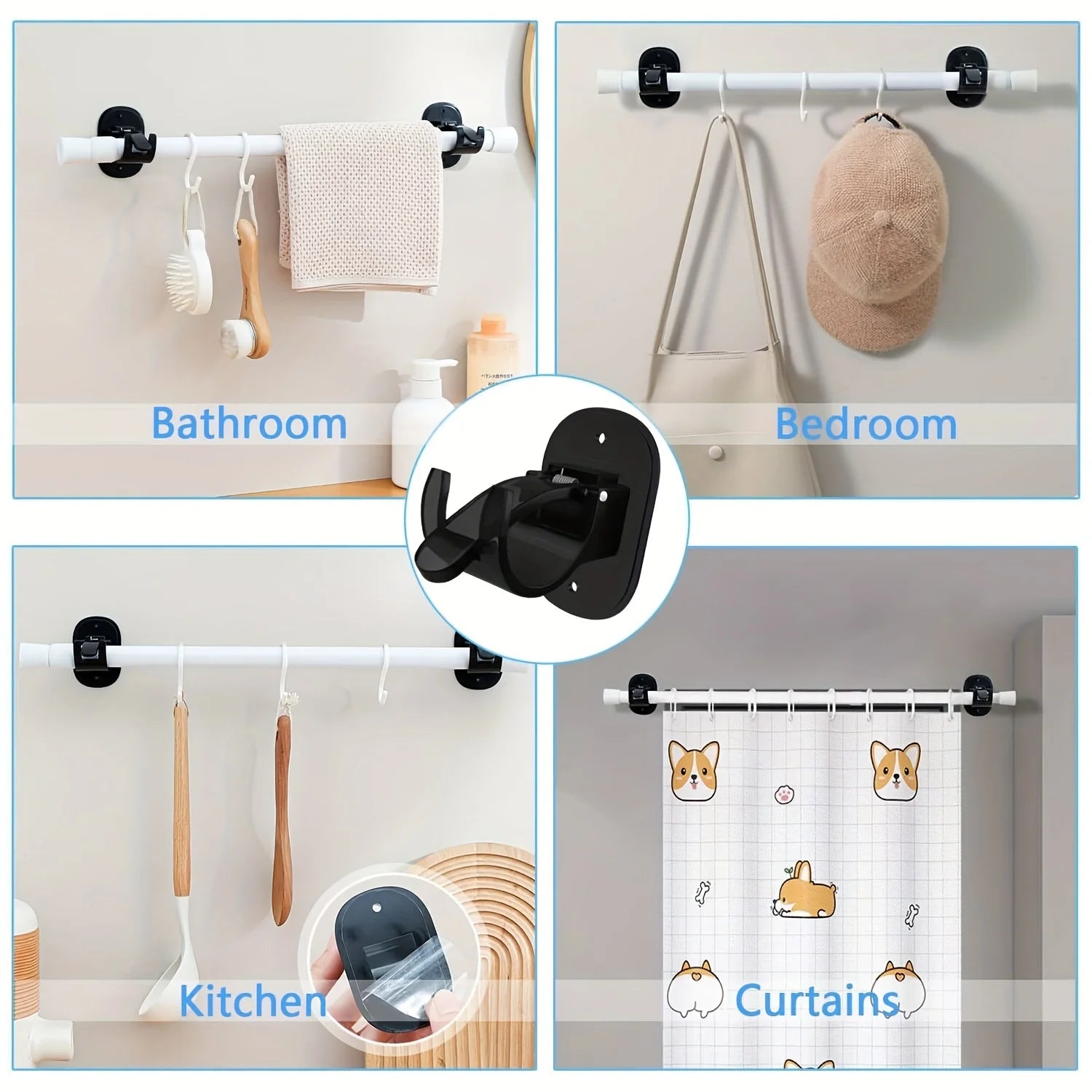2PCS Curtain Rod Bracket Holder Self Adhesive Wall Mount fits Support Curtain Curtain Rod Curtain Rod Hooks for Bathroom Kitchen