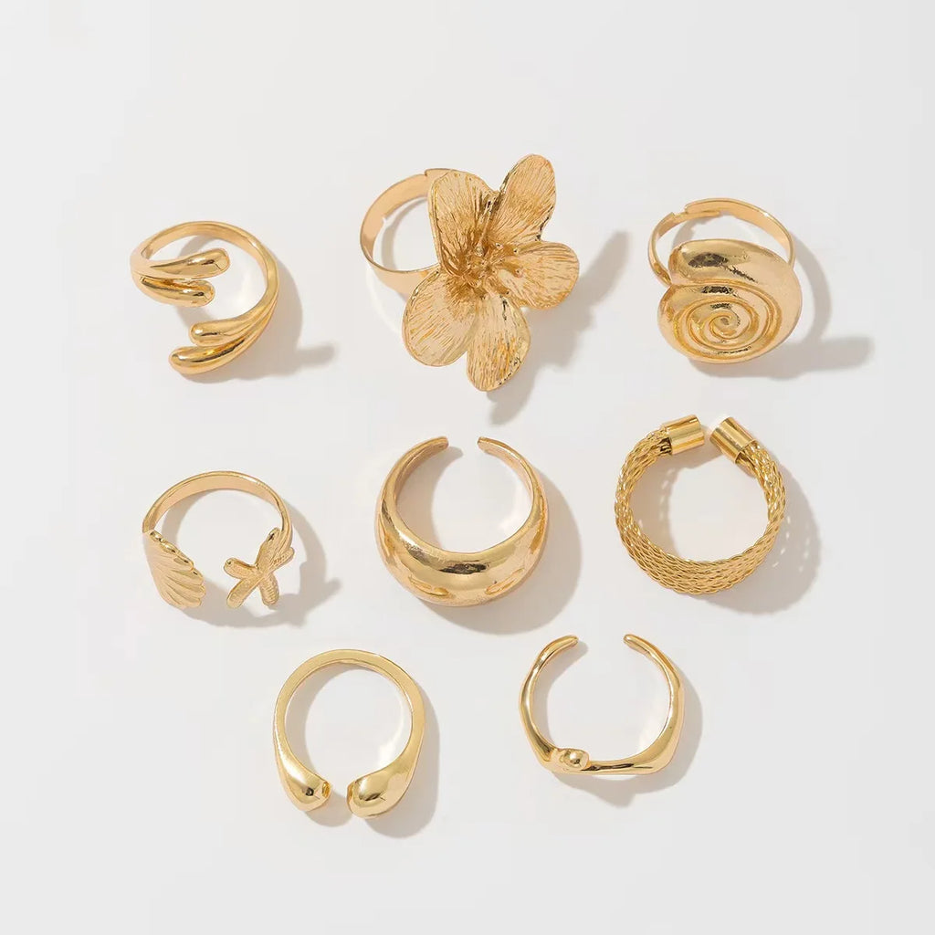 8-Piece Set Retro Metal Petal Water Drop Open Ring Women's