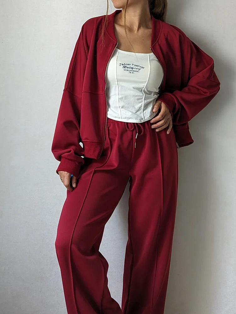 Gray Straight Pants Two Pieces Sets Women Outfit Long Sweatpants Street Wear Zipper Jacket Track Suits Sweatshirt Sets For Women