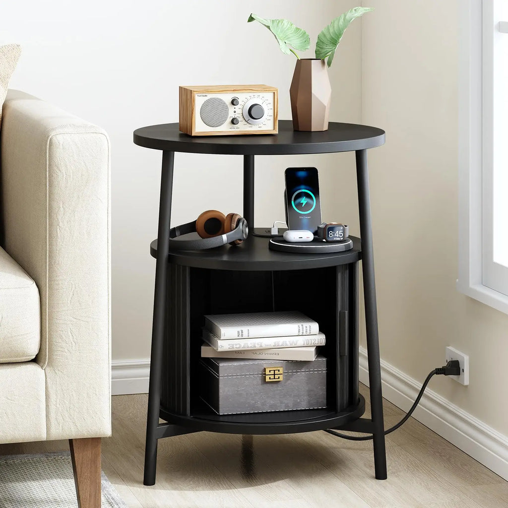 Black Small Round Side Table with Storage