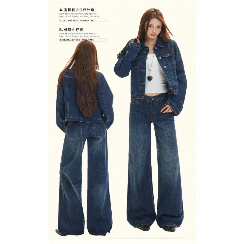 OIQERE Women Classic Dark Denim 2‑Piece Set Y2K Streetwear Lapel