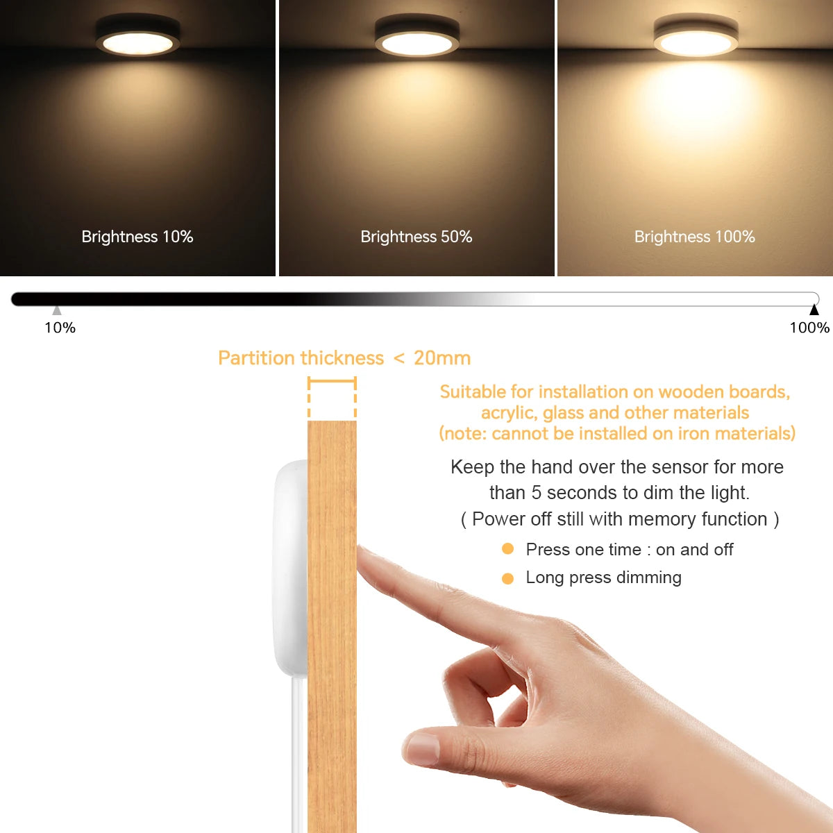 Kitchen Under Cabinet LED Puck Lights Ultra-Thin Stick-on Ceilling Lamp Touch Dimmable For Closet Display Shelf Pantry Lighting