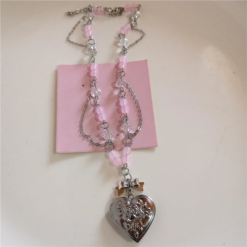 Goth Y2K Aesthetic Heart Locket Pendant Open Female Silver Color