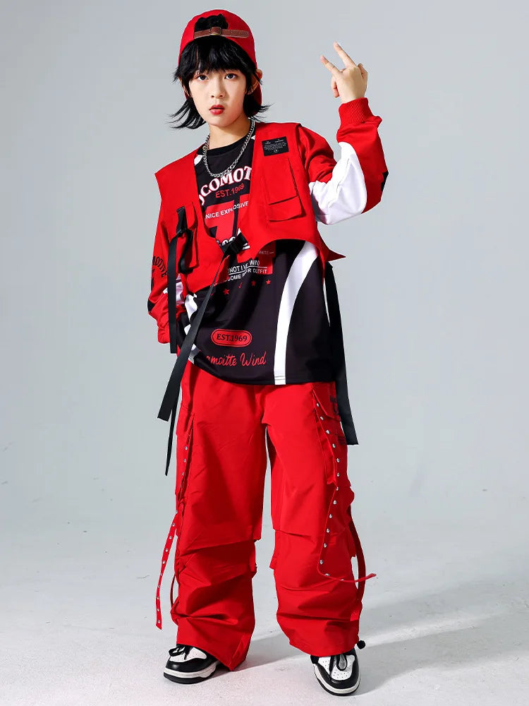 Boys Hip Hop Cool Sweatshirt Vest Cargo Pants Girls Fashion Jazz Street Dance Costume Children Clothes Set Kids K-pop Streetwear