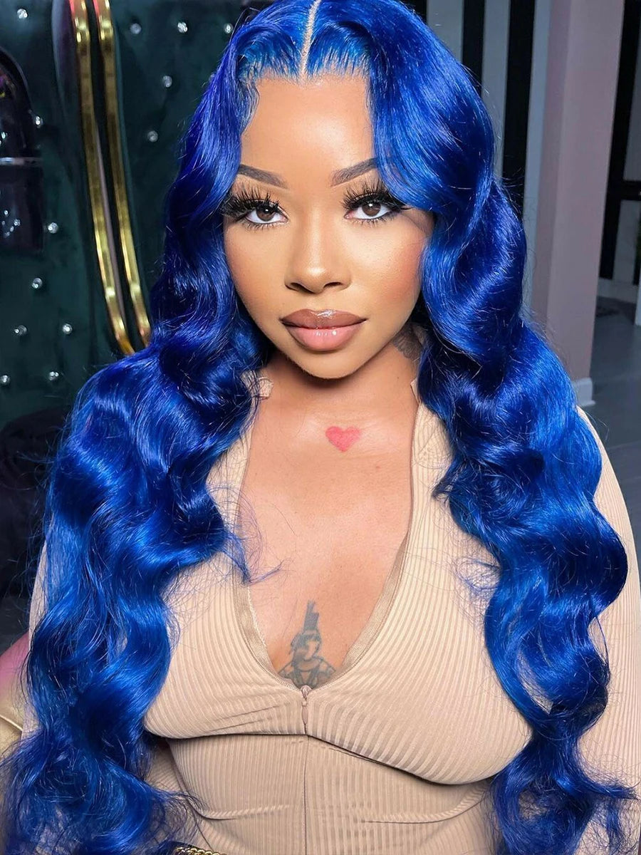 Navy Blue 13x6 Lace Front Body Wave Human Hair Wigs Brazilian Blue Colored HD Transparent Lace Front Wigs For Women Pre Plucked