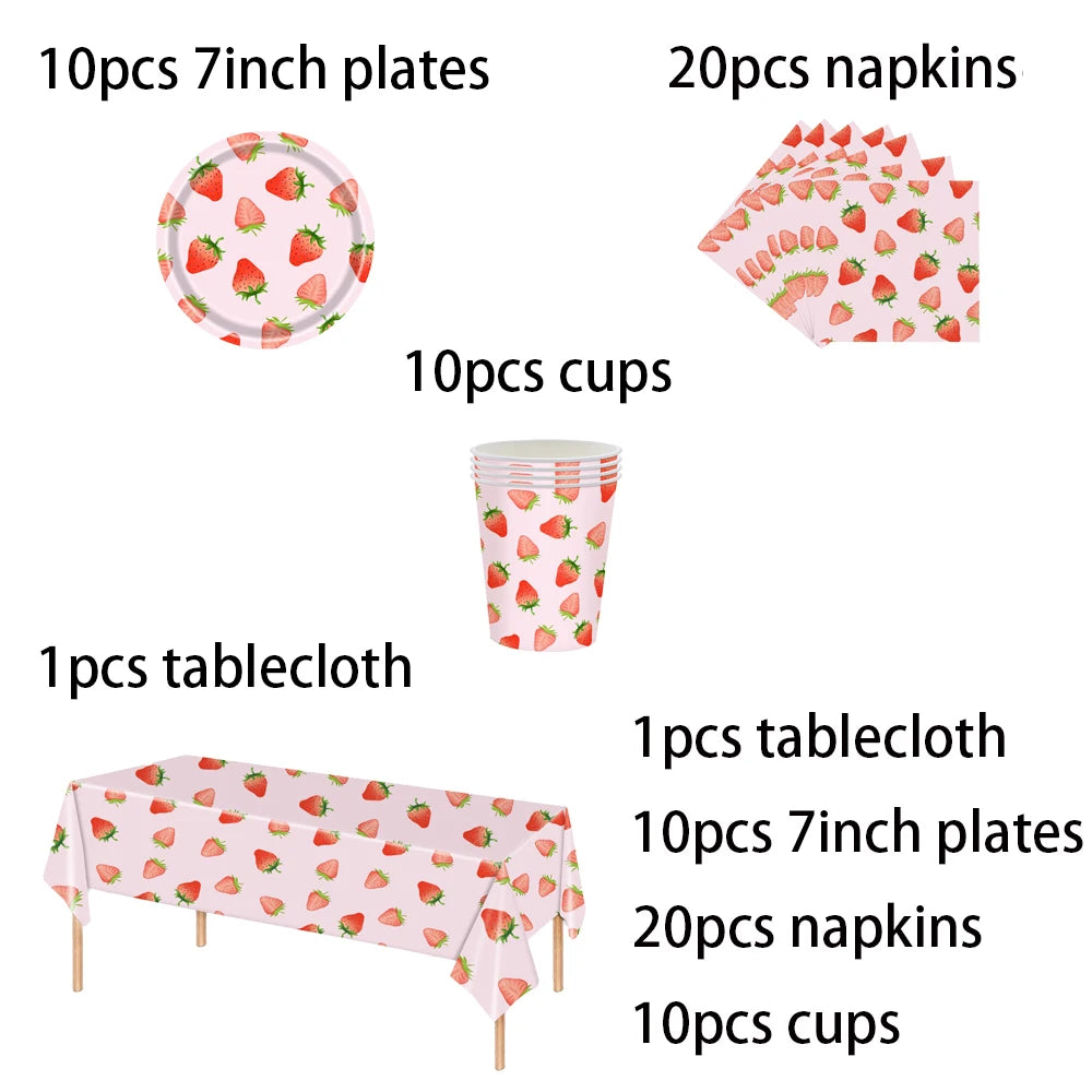 Strawberry Sets Birthday Decoration Party Disposable Paper Napkins Cups Plates Tablecloths Party Supplies