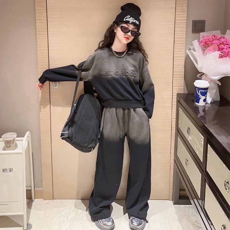 Girls Contrast Tie Dye Alphabet Sweatshirt+Drawstring Sweatpant Sets School Kids 2PCS Tracksuit Children Jogging Outfits 5-16 Yr