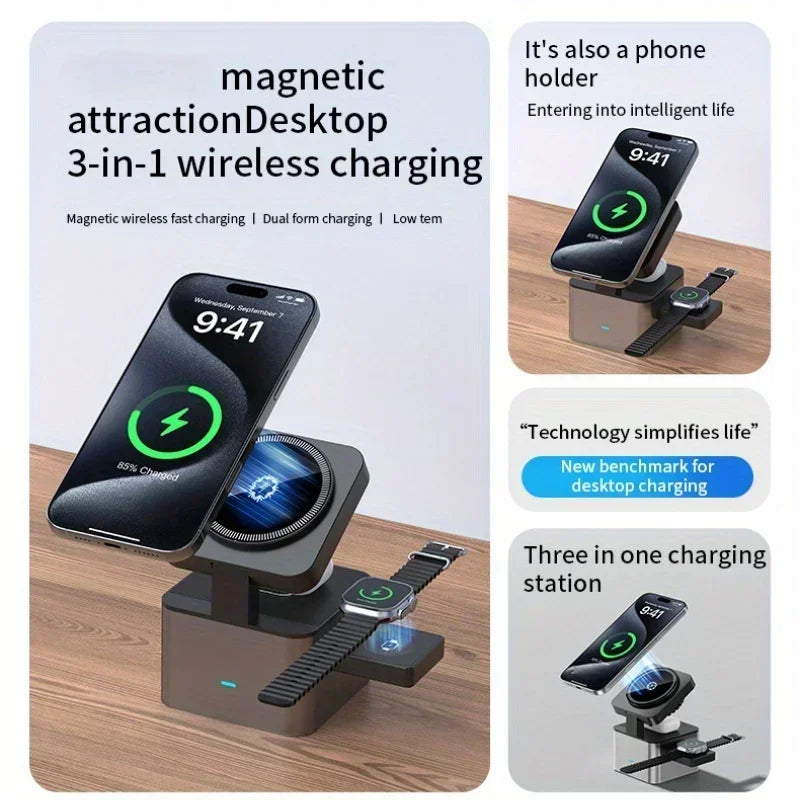 ice-Cooling For Magsafe Wireless Charger Station Stand For iPone 16~12 Pro Max/iWatch 10~2 SE/AirPods 4 Pro 3 in 1 Fast Charging