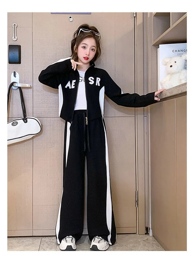 Girls Patchwork Alphabet 2-Way Zip Sweatshirt Jacket+Sweatpant Workout Set School Kids 2PCS Tracksuit Child Jogger Outfit 7-16Yr