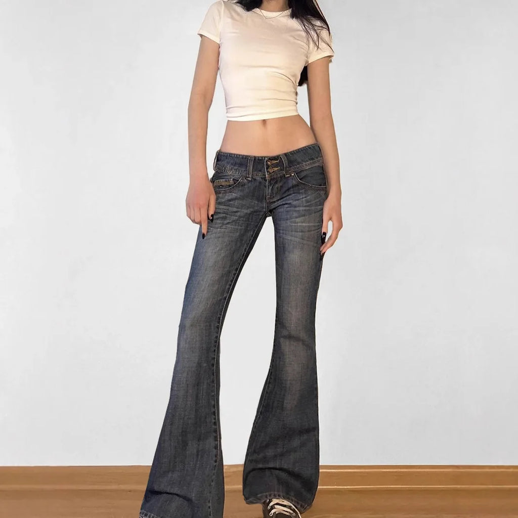 Vintage Y2K Flared Jeans Retro Button-Up Low Rise Casual Denim