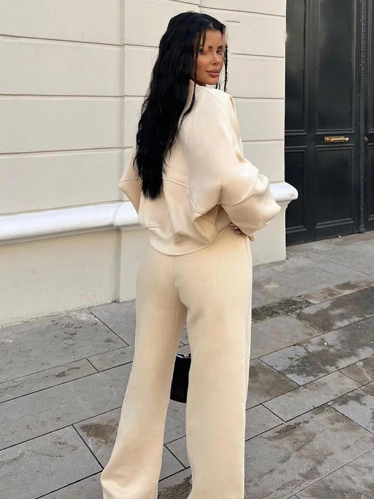 HH Women's Winter Warm Fleece Lined Zipper Jacket Sweatshirt Set Fashionable Stretch High Waist Women's Pants 2-piece Set