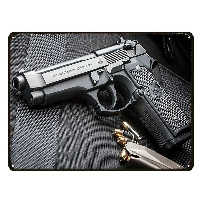 Vintage Pistol Metal  Sign Retro Gun Wall Art Iron Plaque HD Print for Home Bar Club Wall Decor