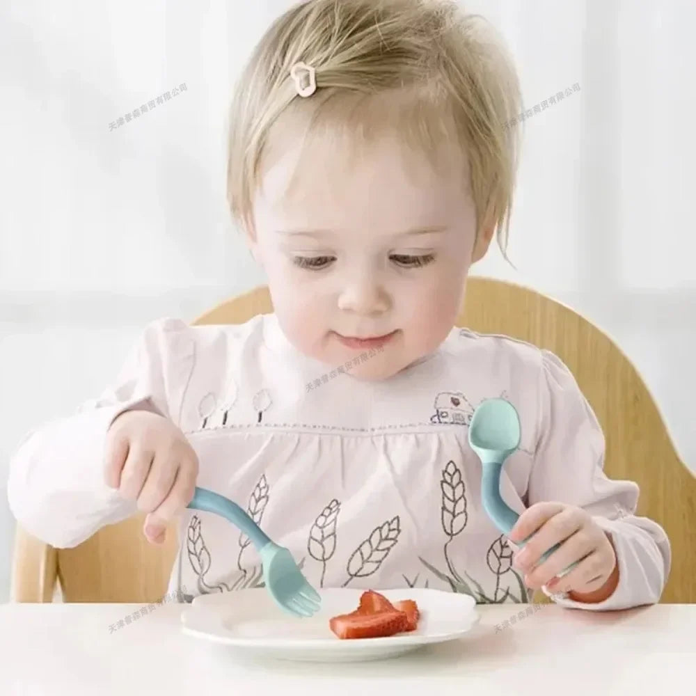 Baby Fork and Spoon Set Soft Silicone Handle Bendable Toddler Utensils Training Tableware Self Feeding Tools for Infants Kids