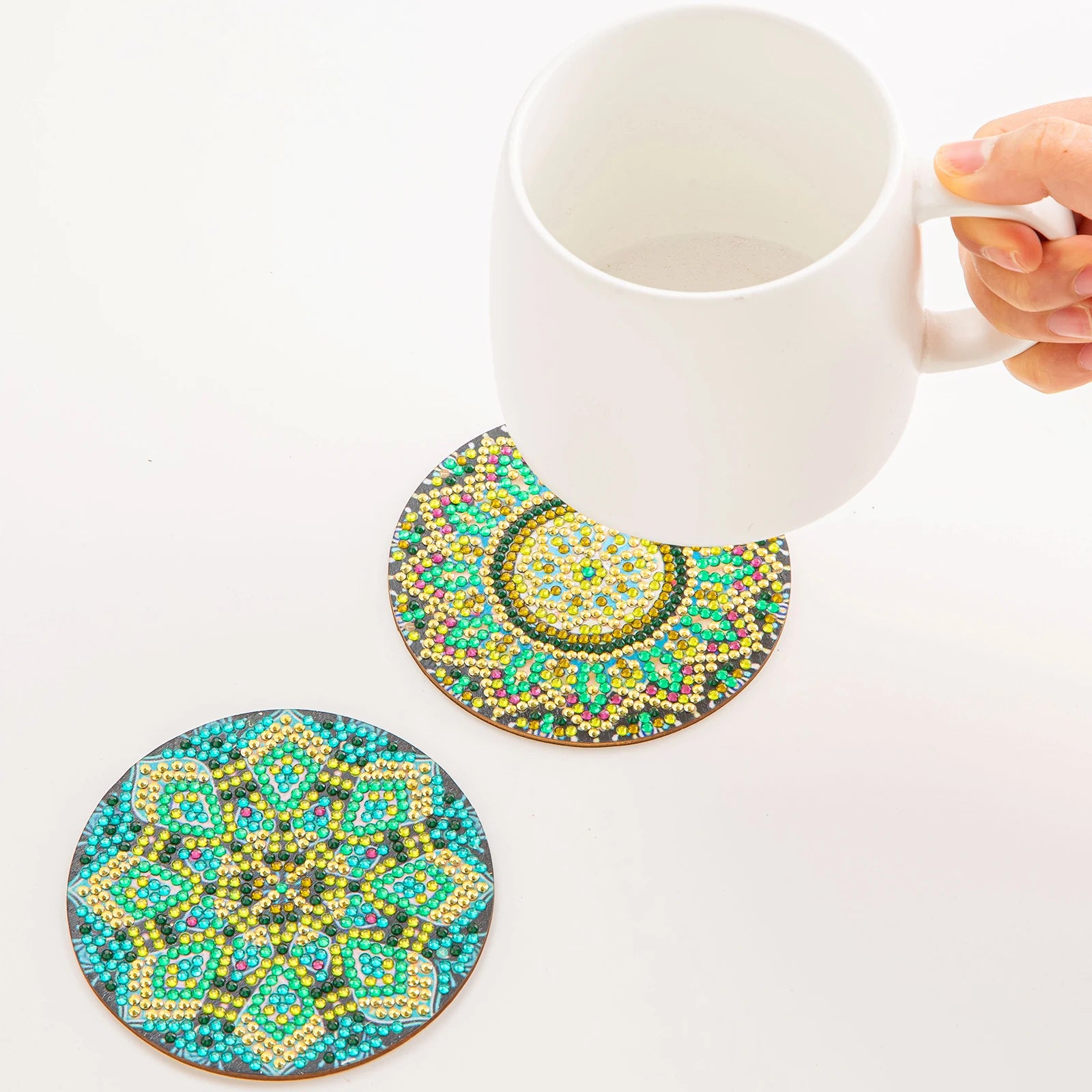 PhotoCustom 6pc/Sets Diamond Painting Coasters 5D DIY Round Diamond Mosaic Mandala Cup Coasters With Holder Kitchen Accessories