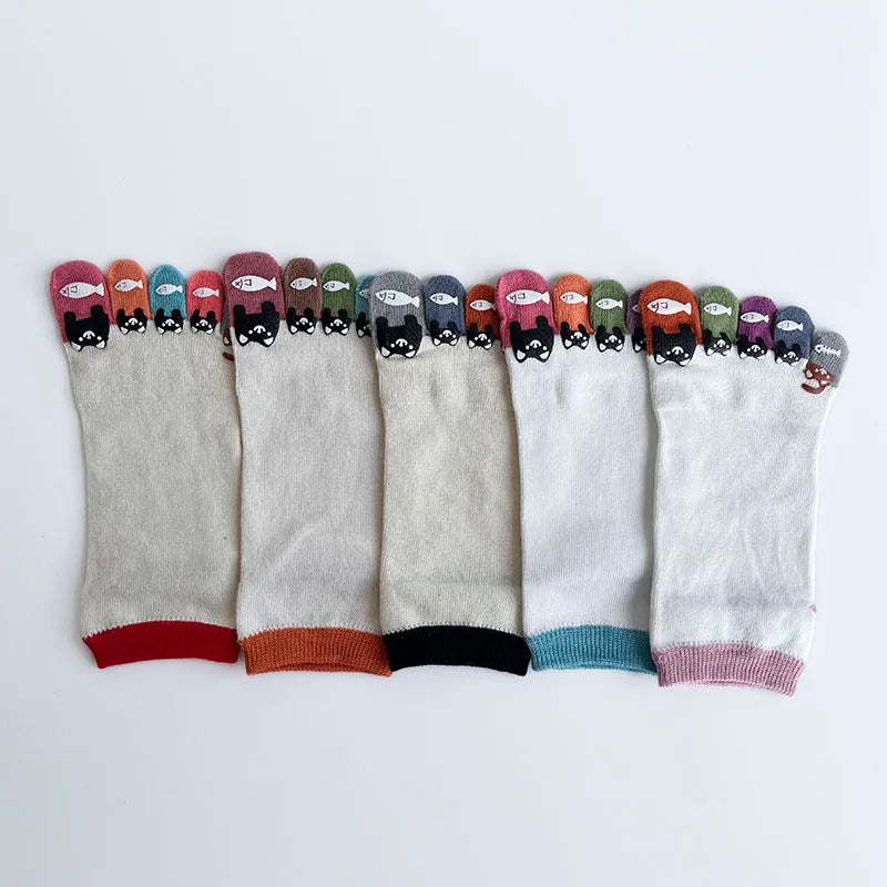 1/5 Pairs Toe Socks Women Girl Cotton White Cute Cartoon Bear Fish Print Soft Beautiful Fashions Ankle Boat Five Finger Socks