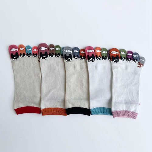 1/5 Pairs Toe Socks Women Girl Cotton White Cute Cartoon Bear Fish Print Soft Beautiful Fashions Ankle Boat Five Finger Socks