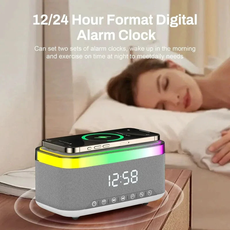 New Smart 6-in-1 Bluetooth Speaker 60W Wireless Charger Bedhead Night Light Alarm Clock LED Clock with FM Radio Music Cente