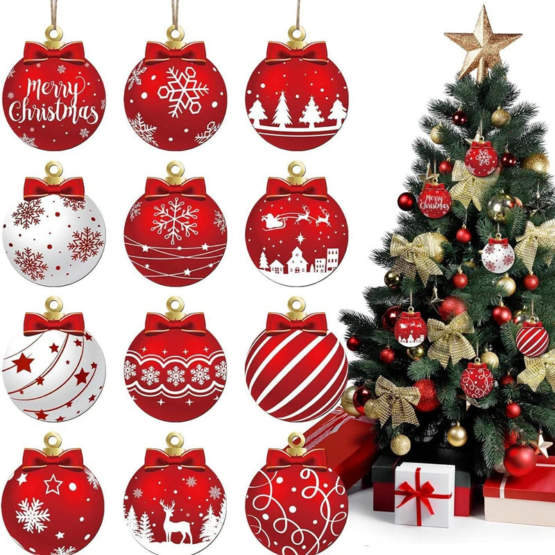 12Pcs Christmas Wooden Ball Ornaments Xmas Tree Hanging Pendant DIY Craft Merry Christmas Decoration For Home 2025 New Year Gift