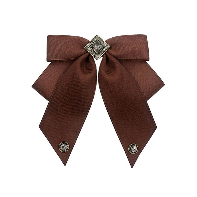 Ribbon Bowtie Brooch Pin Student Uniform Pre Tied Necktie Clip Vintage Brown Plaids Bowknot Corsage Shirt Jabot Collar