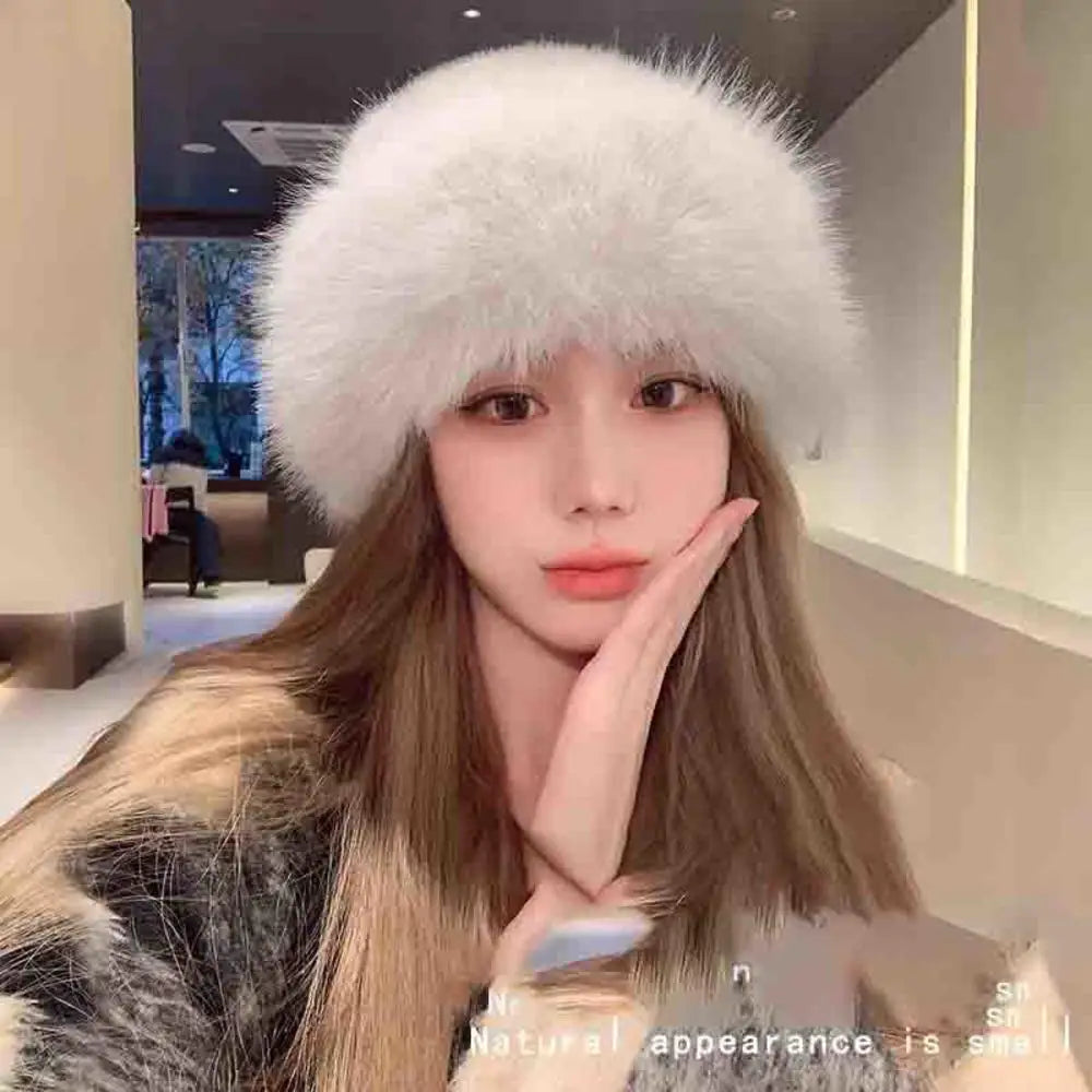 Winter Thick Warm Furry Beanies Hat Women Fashion Imitation Mink Fur Russian Cap Solid Color Plush Brimless Cap Brimless Ski Hat