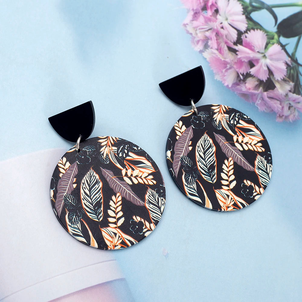 Round Black Acrylic 3D Printing Women's Leaf Earrings Dangle
