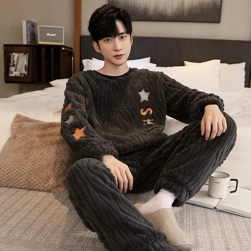 Men's Winter Jacquard Weave Flannel Pajamas Set Coral Fleece Cartoon Sleepwear Homewear Thick Warm Male Suit Fall Sweatshirt 5XL
