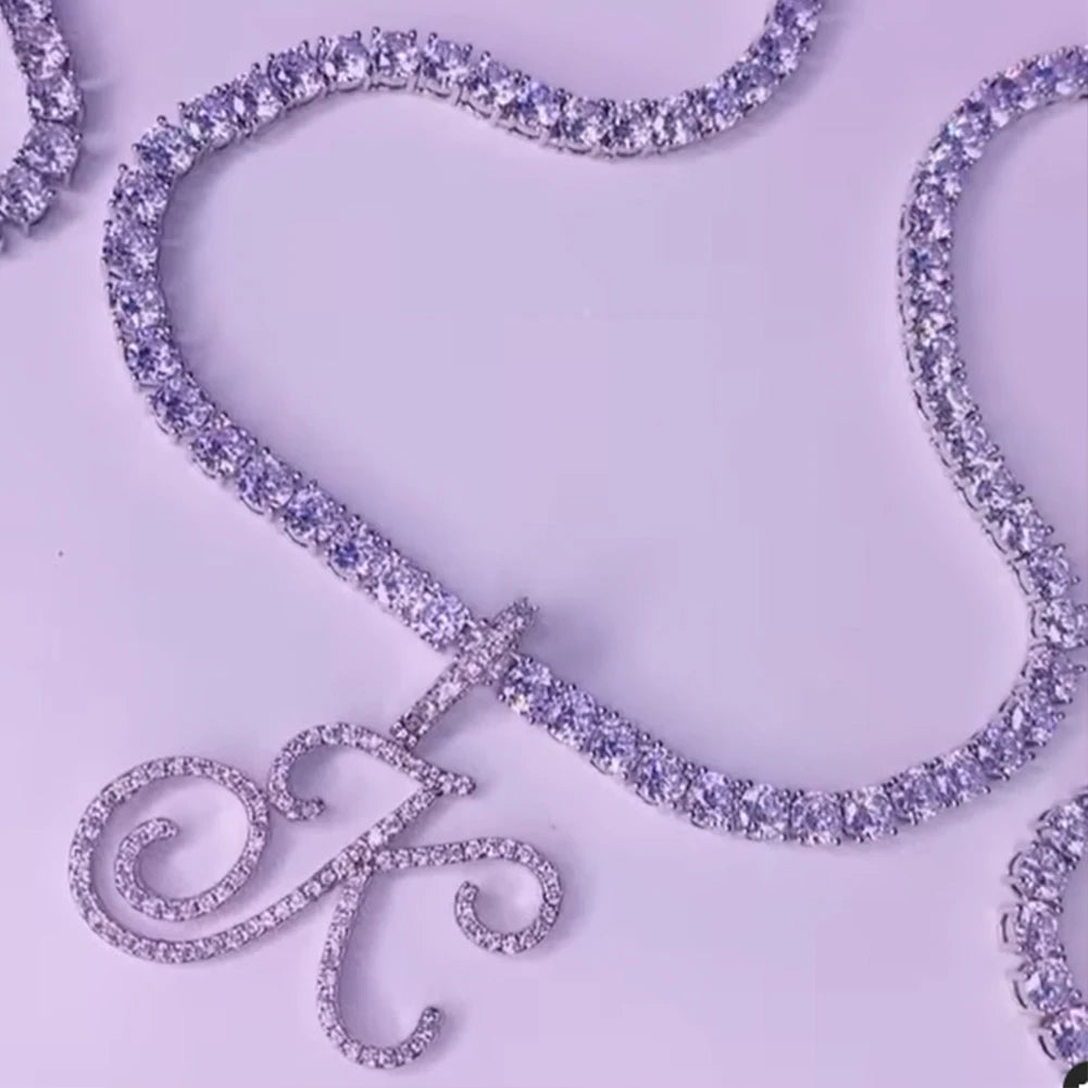Cursive Letters Cubic Zirconia Chain Intial Name Necklace Hip Hop