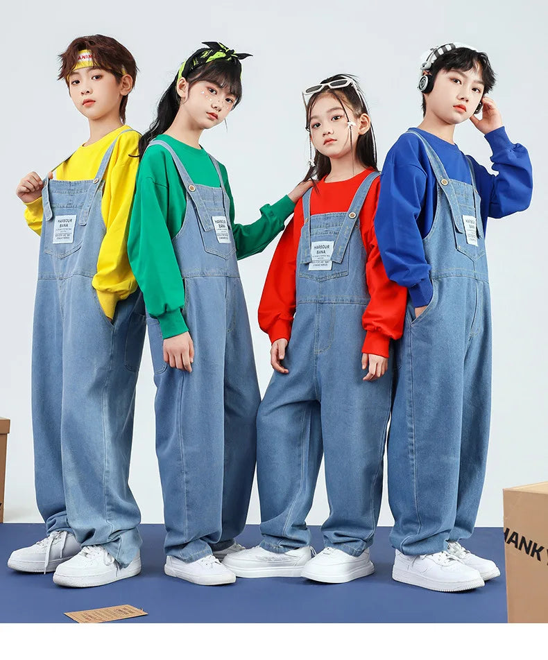 Boys Hip Hop Solid Sweatshirt Denim Loose Overalls Girls Crop Top Kids Dungaree Child Jumpsuit Street Dance Romper Streetwear