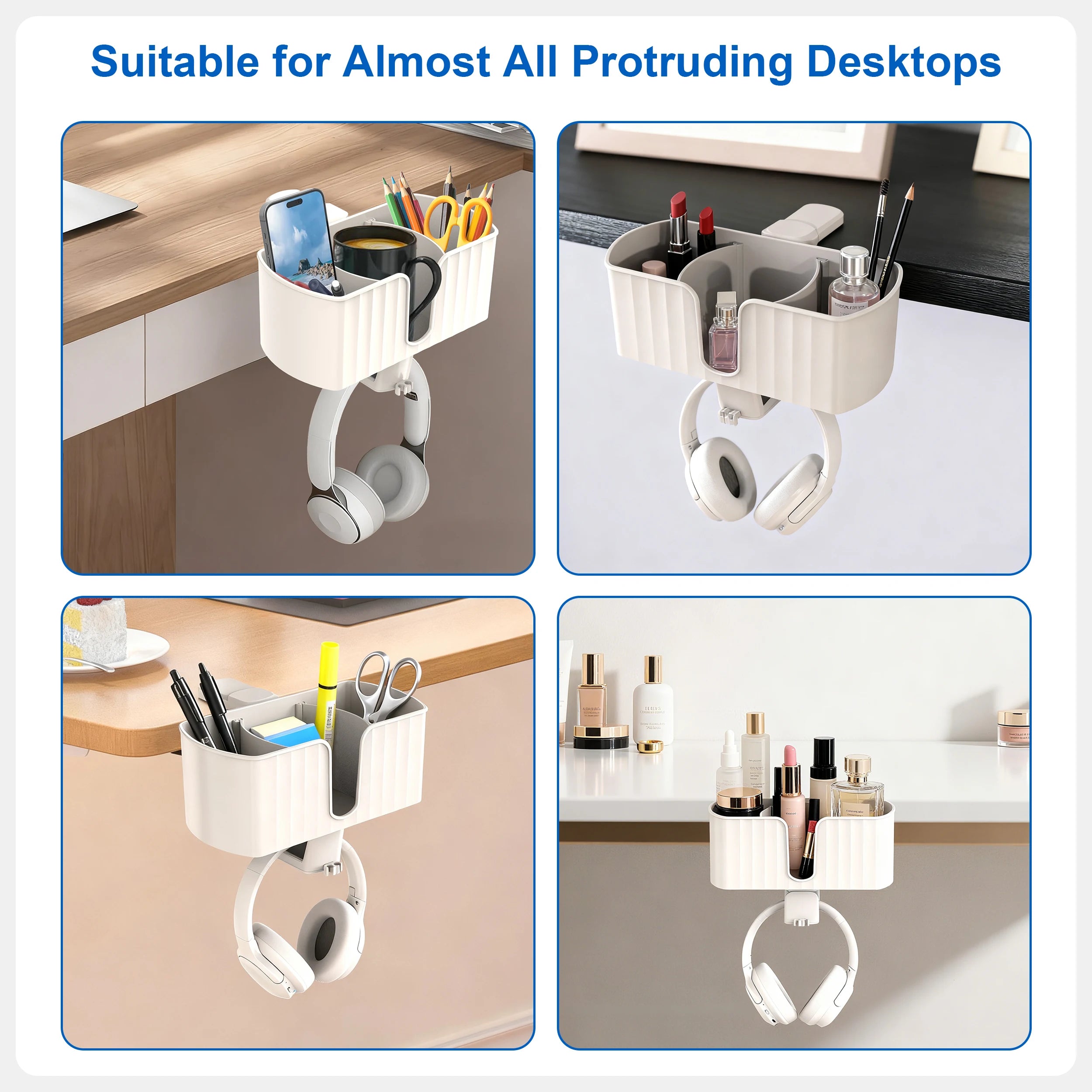 4-in-1 Desk Organizer - Under Desk Cup Holder and Headphone Hanger with 2 Wire Holes - Rotating Hanger，for Cup, Phone and Pen