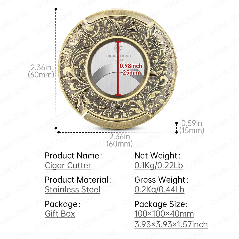 CIGARLOONG Cigar Cutter Portable Round Scissors Stainless Steel Large Caliber Smooth Flat Cutter Art Gift Box Packaging CE-25FJ
