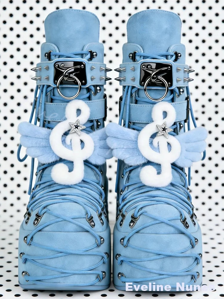 Light Blue Suede Wing Music Note Platform Boots Women Rivet Lace