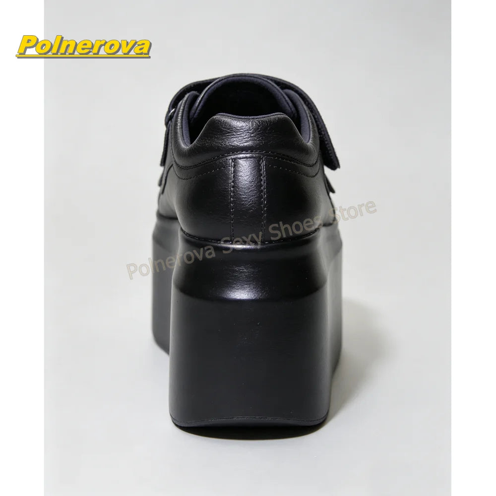 Hook and Loop Matte Wedge Platform Sneakers Round Toe Thick Sole
