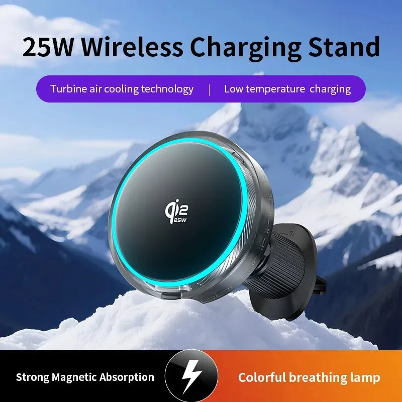 Car Magnetic Wireless Charger Qi2.2 25W Air Cooling RGB Light  Phone Holder For Magsafe iPhone 17 16 15 14 13 12 Fast Charging