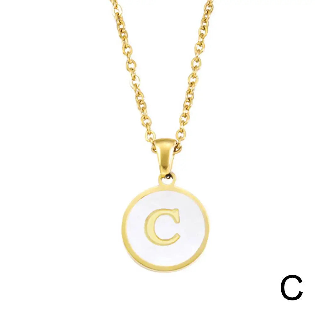 Vintage Initial 26 Letters A To Z White Shell Pendant Necklace Gold Color Steel For Women Men Choker Jewelry Necklace