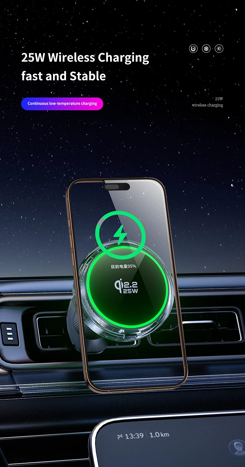qi2.2 Car 25W Magnetic Wireless Charger Air Cooling RGB Light  Phone Holder For Magsafe iPhone 17 16 15 14 13 12 Fast Charging