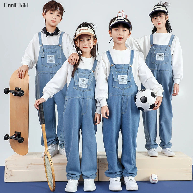 Boys Hip Hop Solid Sweatshirt Denim Loose Overalls Girls Crop Top Kids Dungaree Child Jumpsuit Street Dance Romper Streetwear