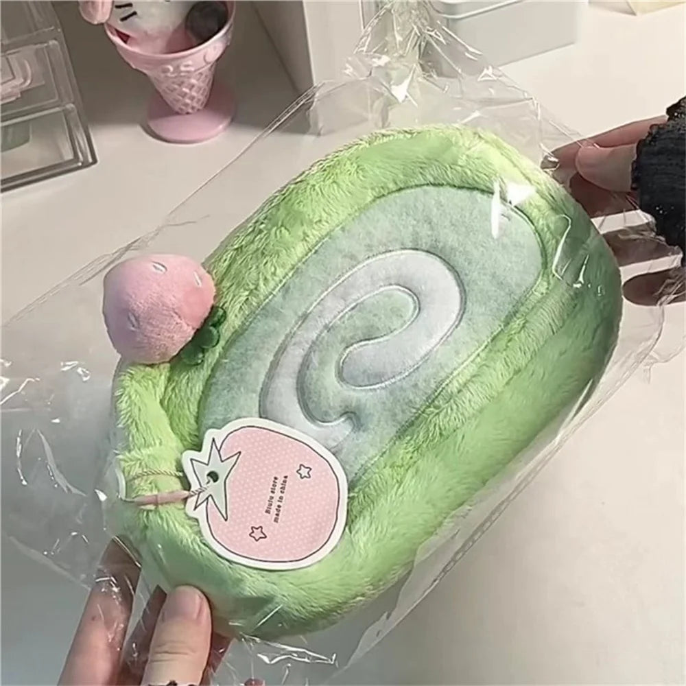 INS Melon Swiss Roll Green Plush Pencil Case Bag Creative Stationery Storage Bags Large Capacity Desk Organizer for Students