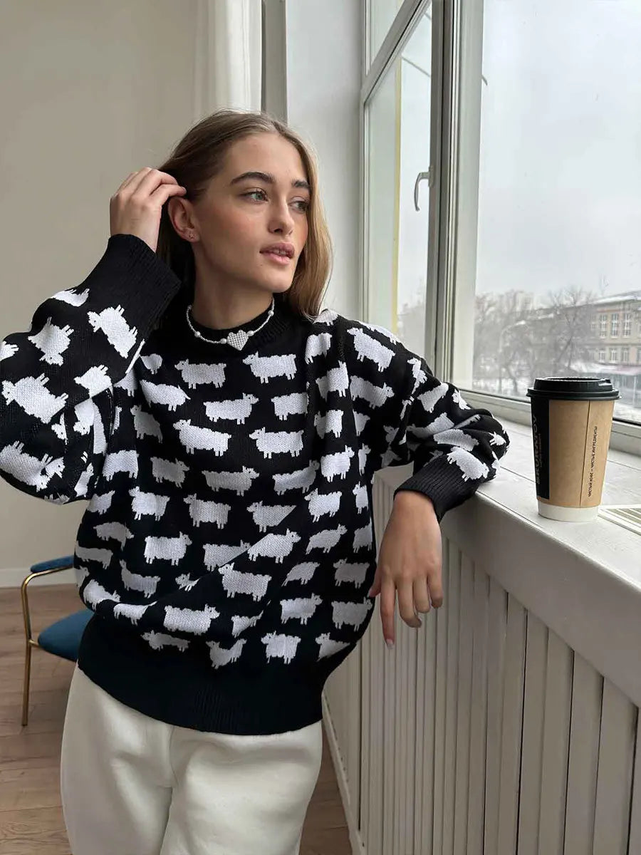 Sheep Printing Elegant Women Sweater Warm Knitted Classic O-Neck Pullover Tops 2024 Autumn Winter Long Sleeve Streetwear Sweater