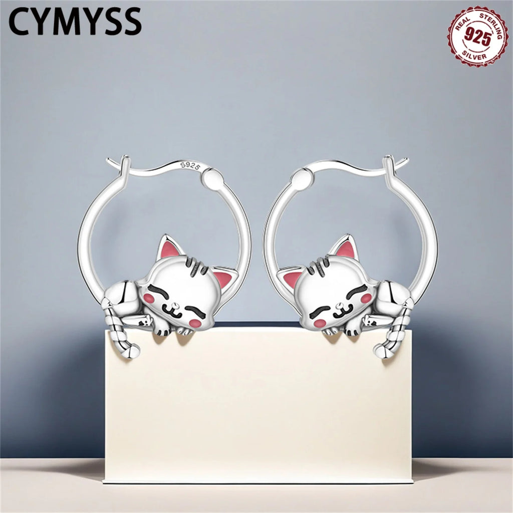 Simple 925 Sterling Silver Cute Sleeping Cat Hoop Earrings for