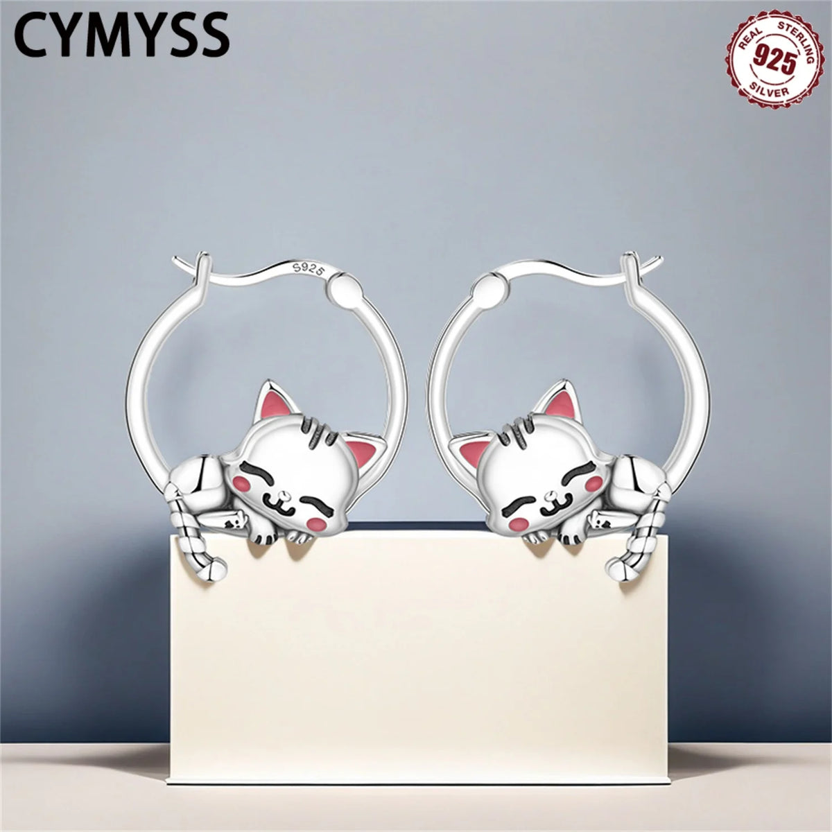 Simple 925 Sterling Silver Cute Sleeping Cat Hoop Earrings for