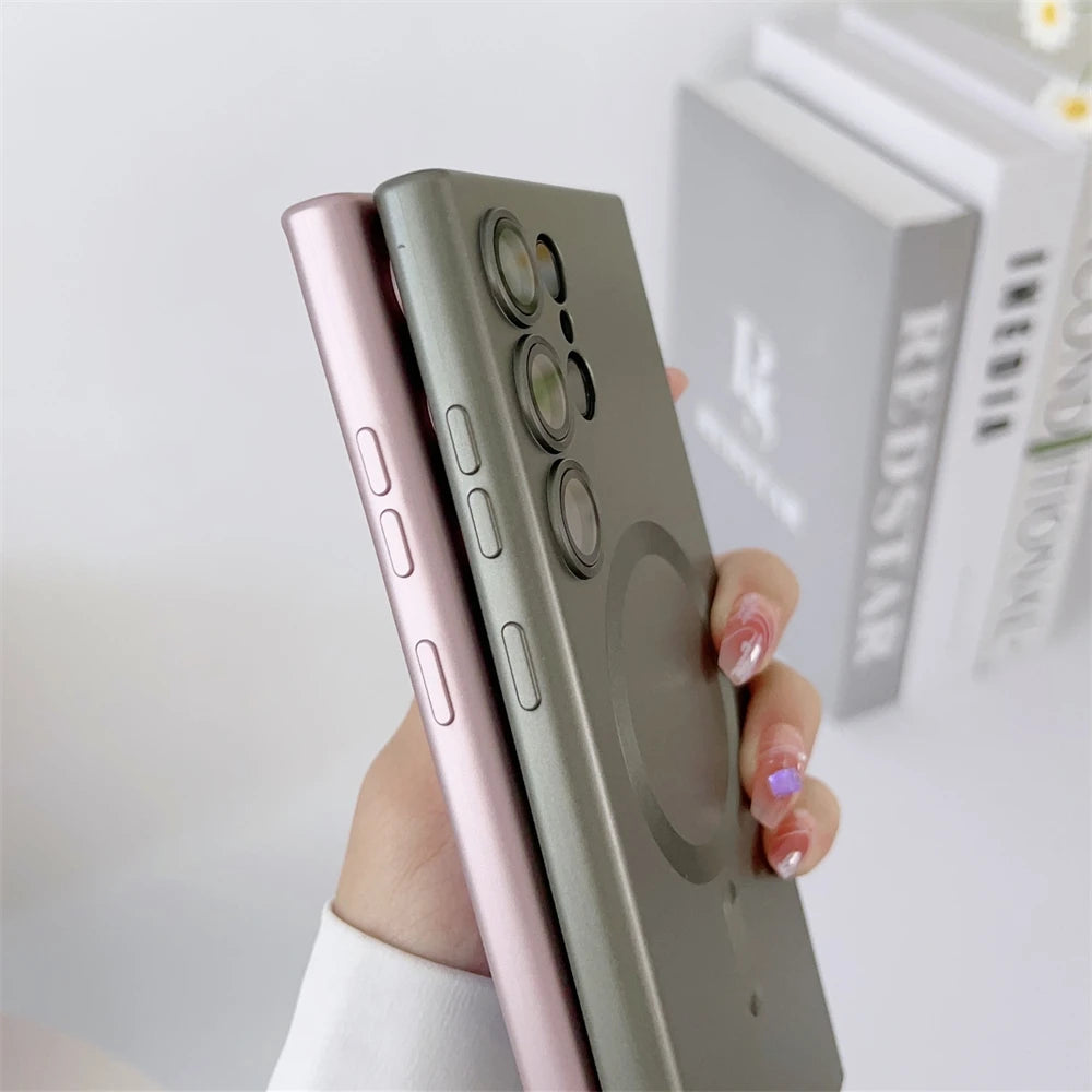 Metal Matte For Magsafe Magnetic Wireless Charger Case for Samsung S25 S24 S23 Ultra S22 Plus S21 Shockproof Soft Silicone Cover