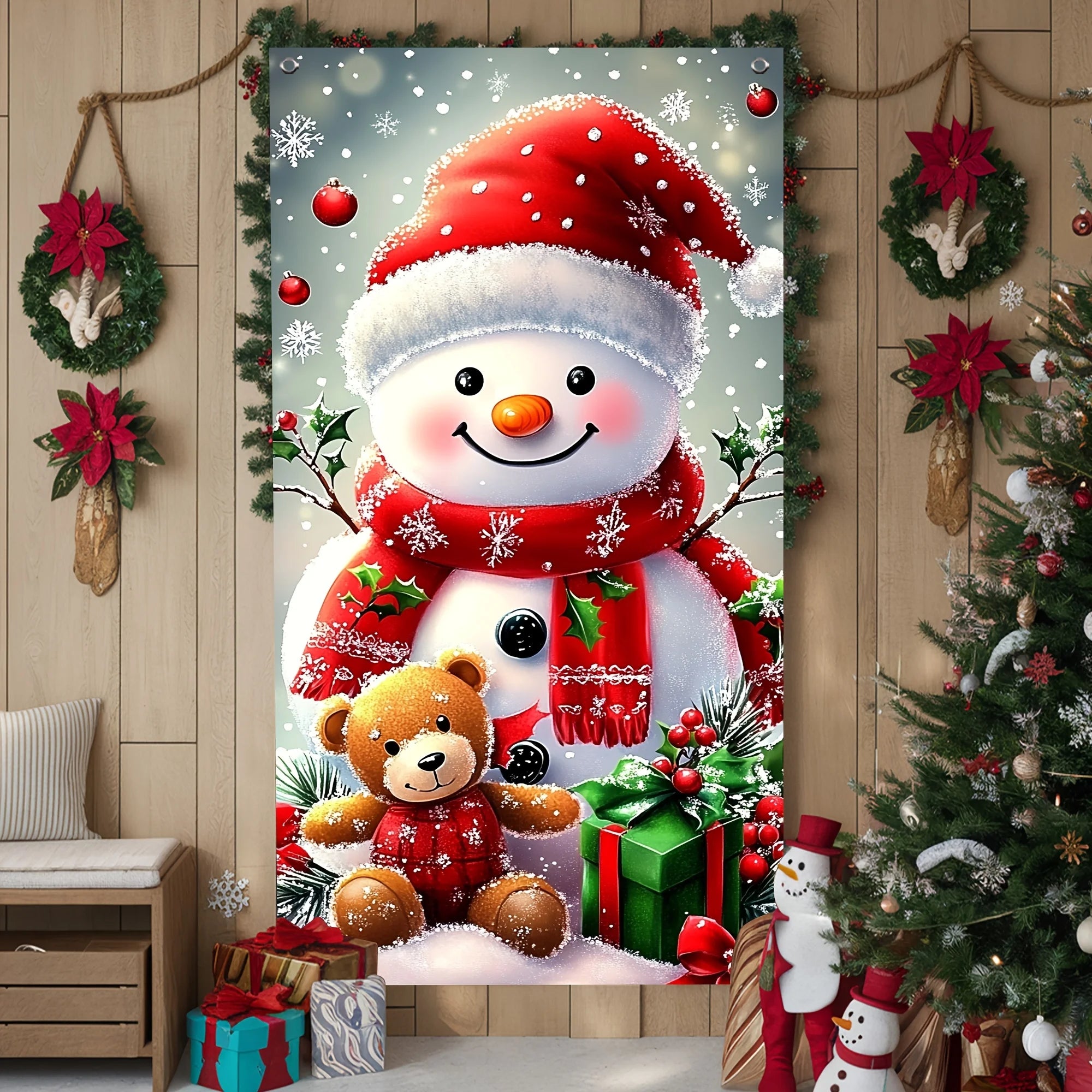 A 2D flat Christmas polyester door banner with a snowman and teddy bear design, suitable for festive party decoration