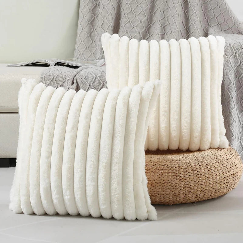 Artificial Rabbit Fur Square Cushion Cover Simple Stripe Super Soft Pillowcase 45x45 Cm Sofa Decorative Cushion Cover