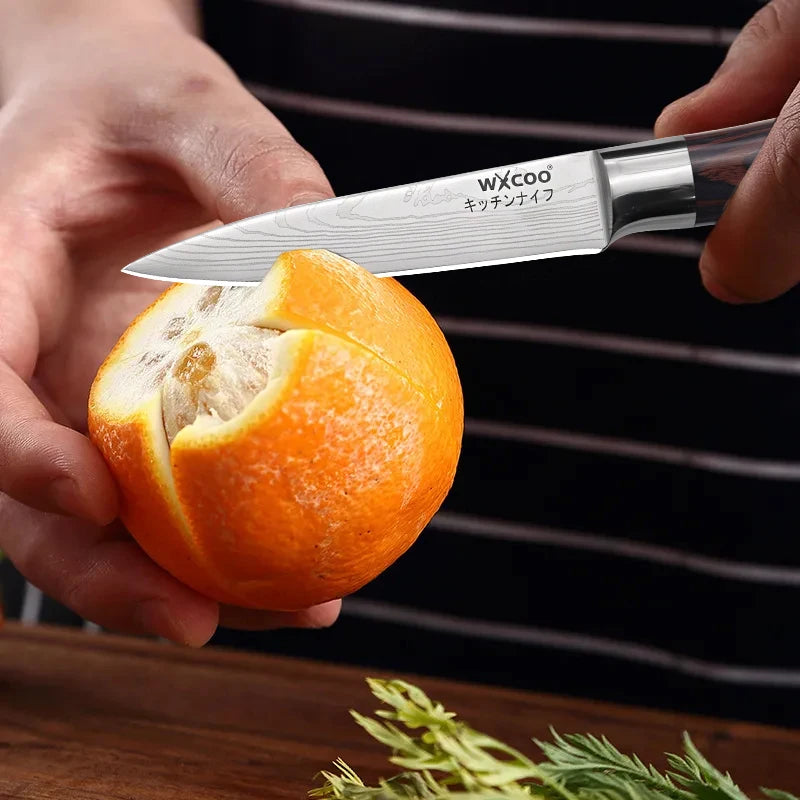 WXCOO Japanese Knife Set with Knife Bag Kitchen Knives Damascus Laser Fish Fillet Meat Cleaver Fruit Peeler Santoku Cutter